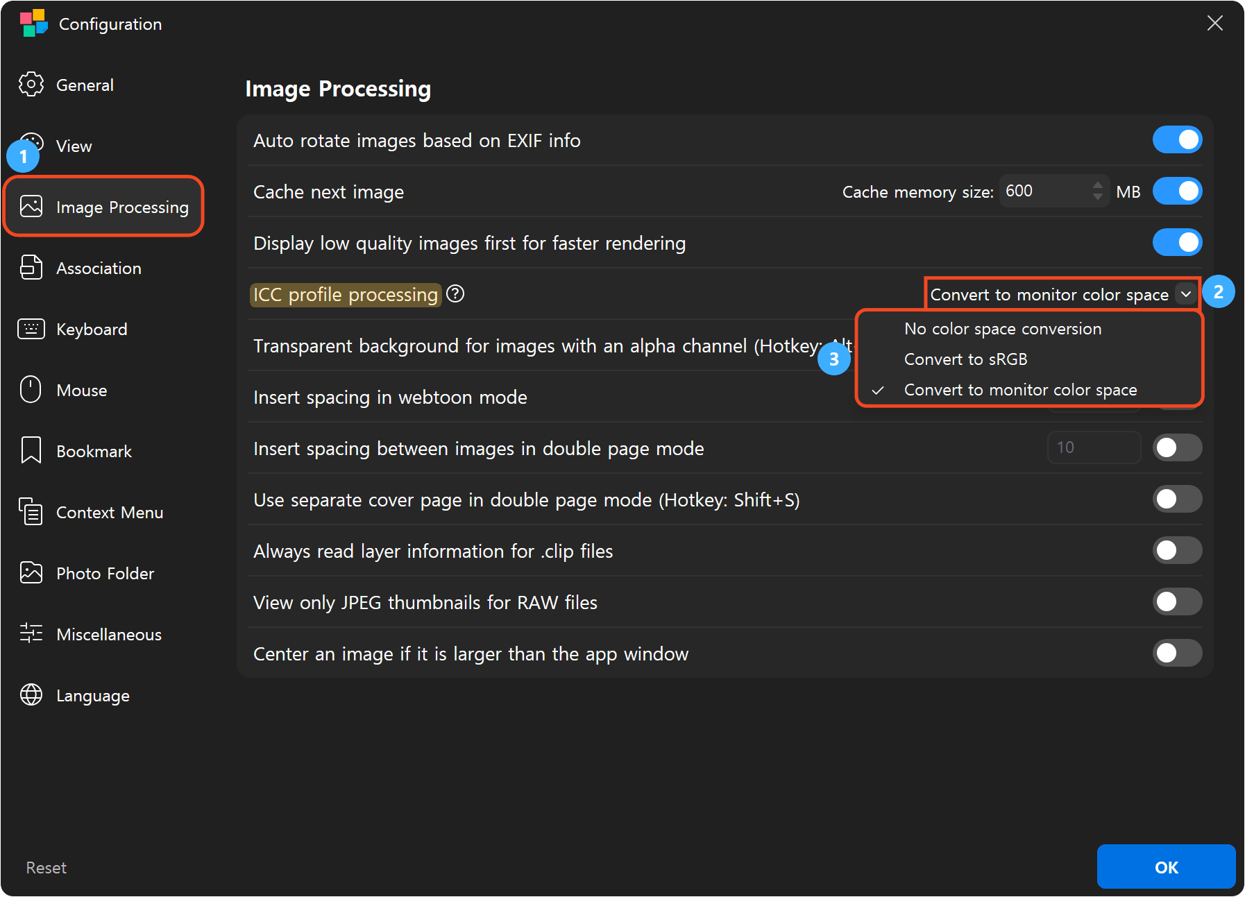 Steps for selecting Image Processing and an ICC profile processing mode in Configuration