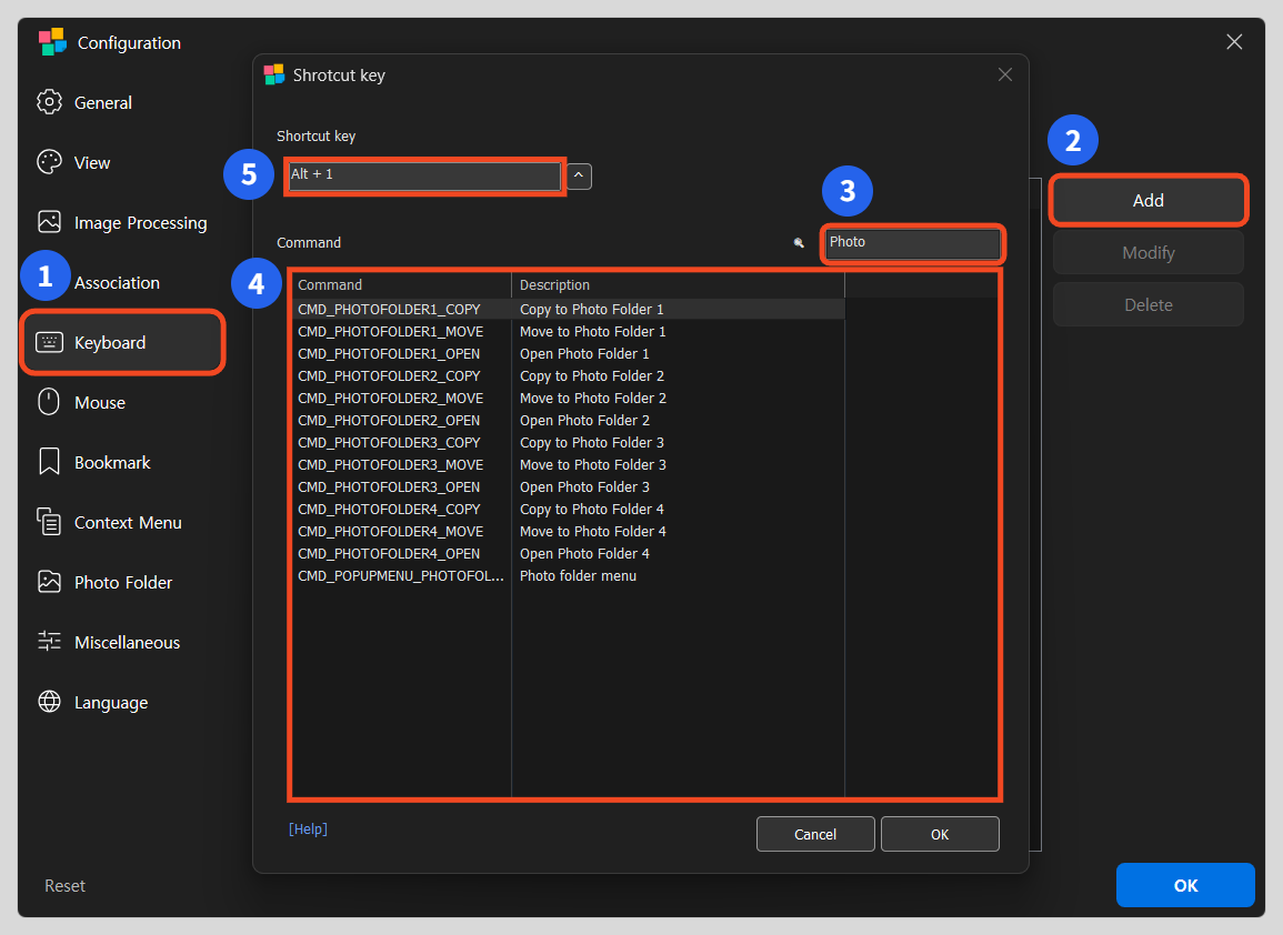 Steps to add a shortcut: select Keyboard, click Add, search for Photo, select a command, and enter a key combination